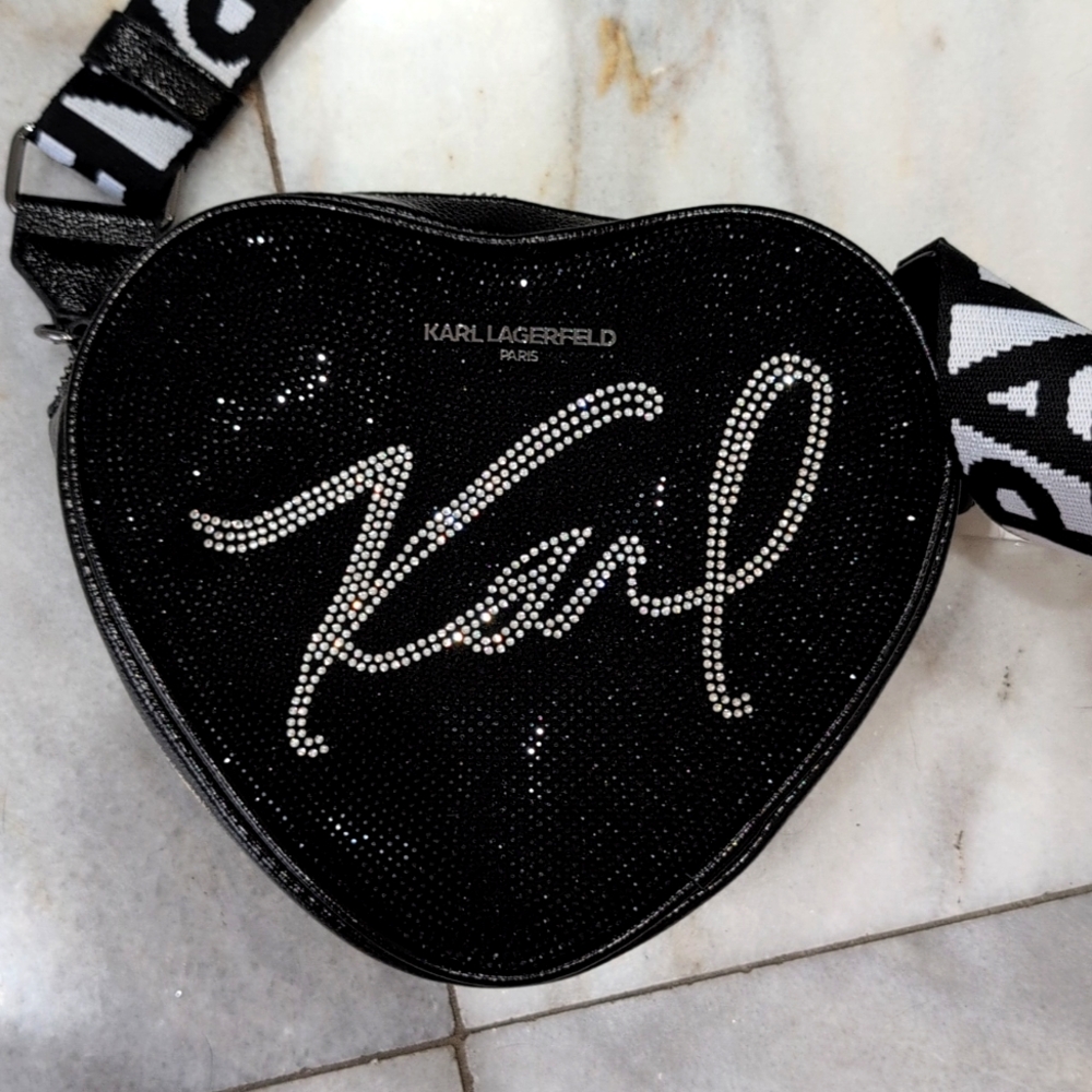 KARL LAGERFELD PARIS Embellished Heart Shaped Crossbody Bag in Black